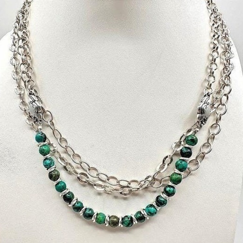 Vintage 90s Silver Tone Green Turquoise Bead Layered Chain Necklace Jewelry Y2K